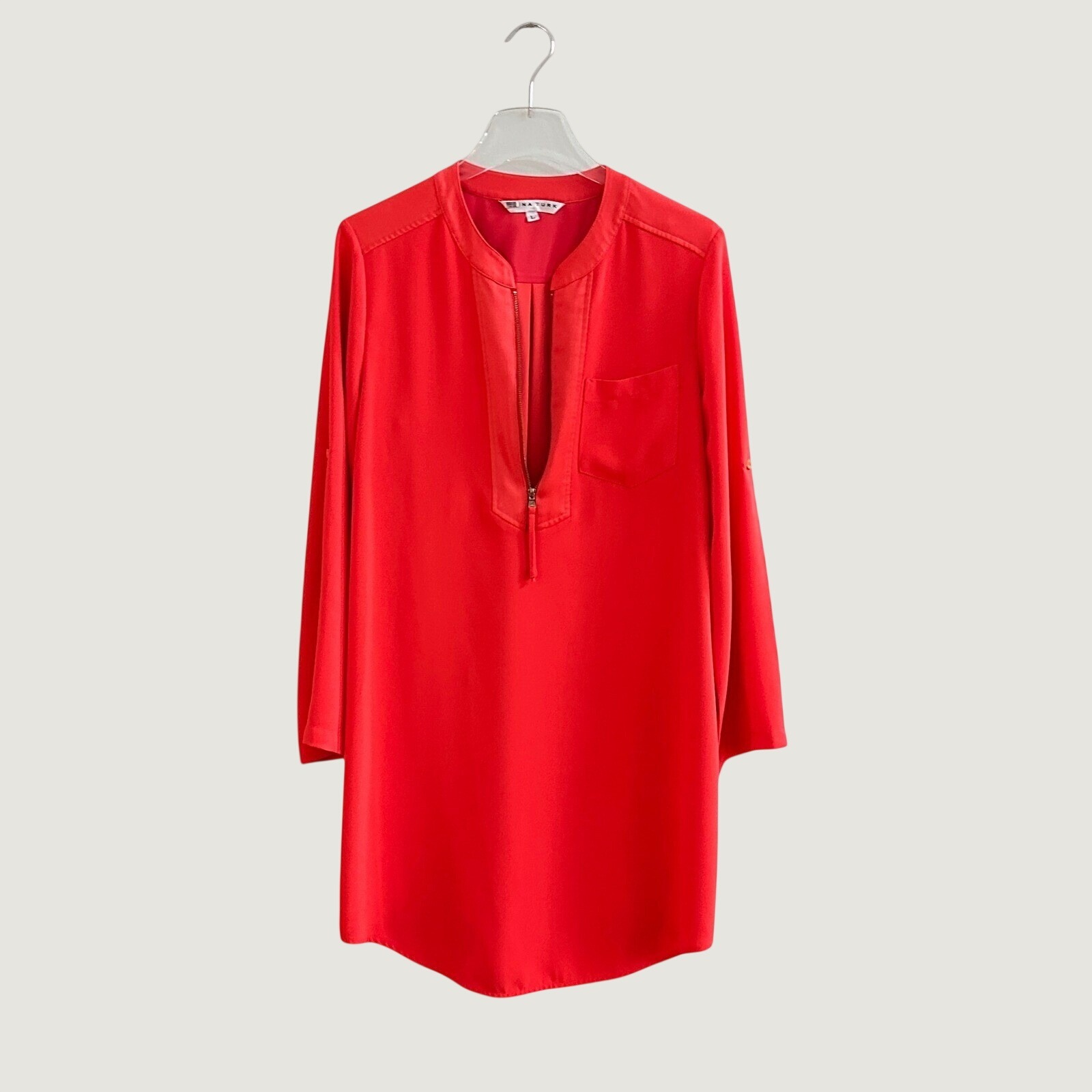 Trina Turk Kaiko Sz L Half Zip Tunic Dress Roll Tab Sleeve Womens Large 181308